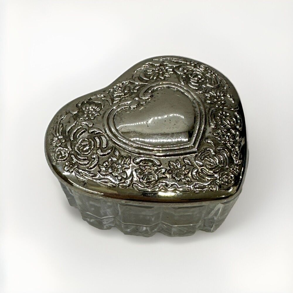 Vintage MCM Heart Shape Silver and Glass Trinket Jewelry Box Candy Dish 3.5 in